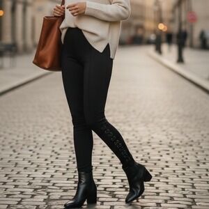 Lysse Empire Ponte Knit Leggings Black Lace Up Side Seam Pull On Gothcore Edgy A